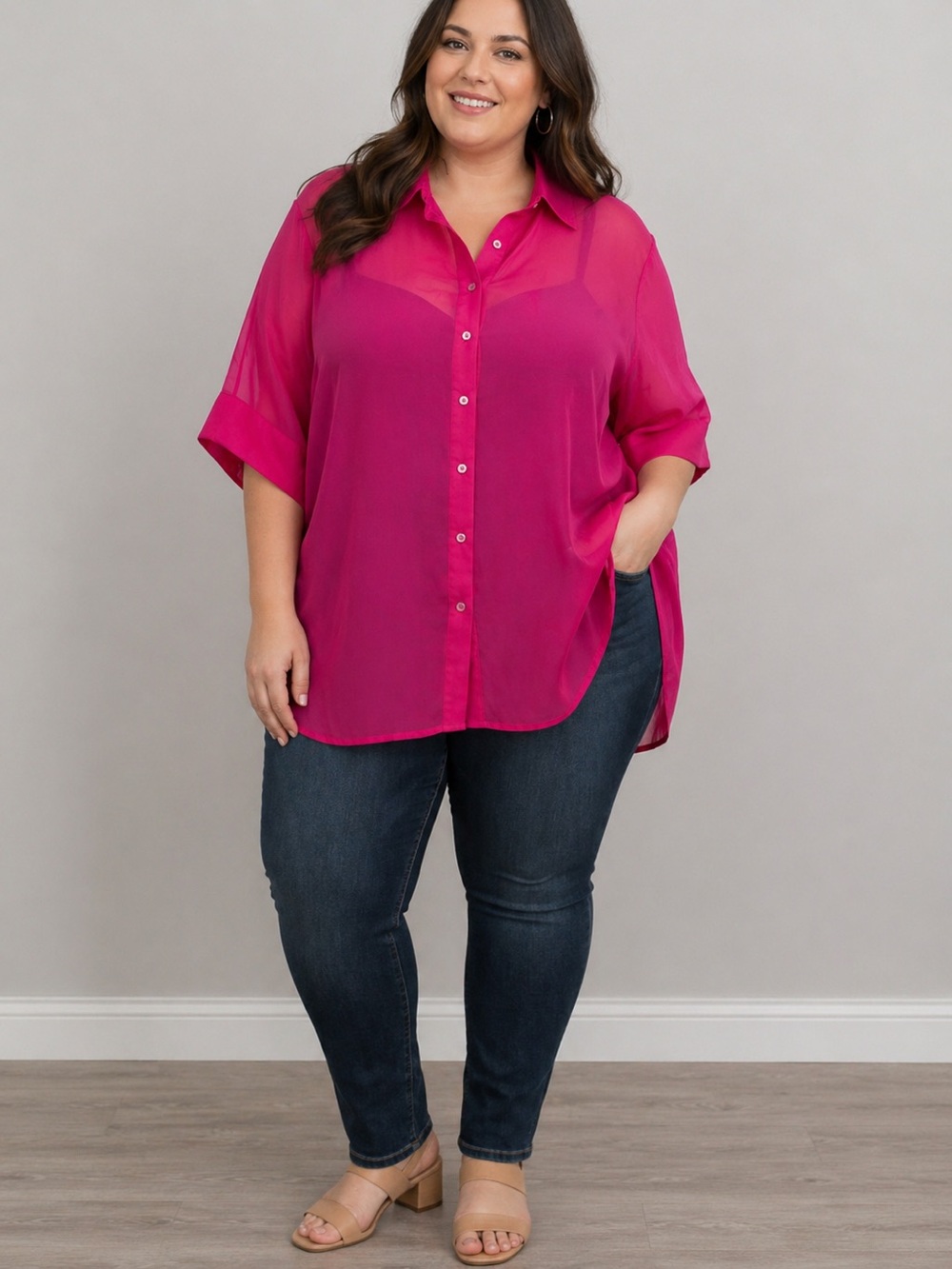 Apparis Neon Pink Sheer Collared Button-Up